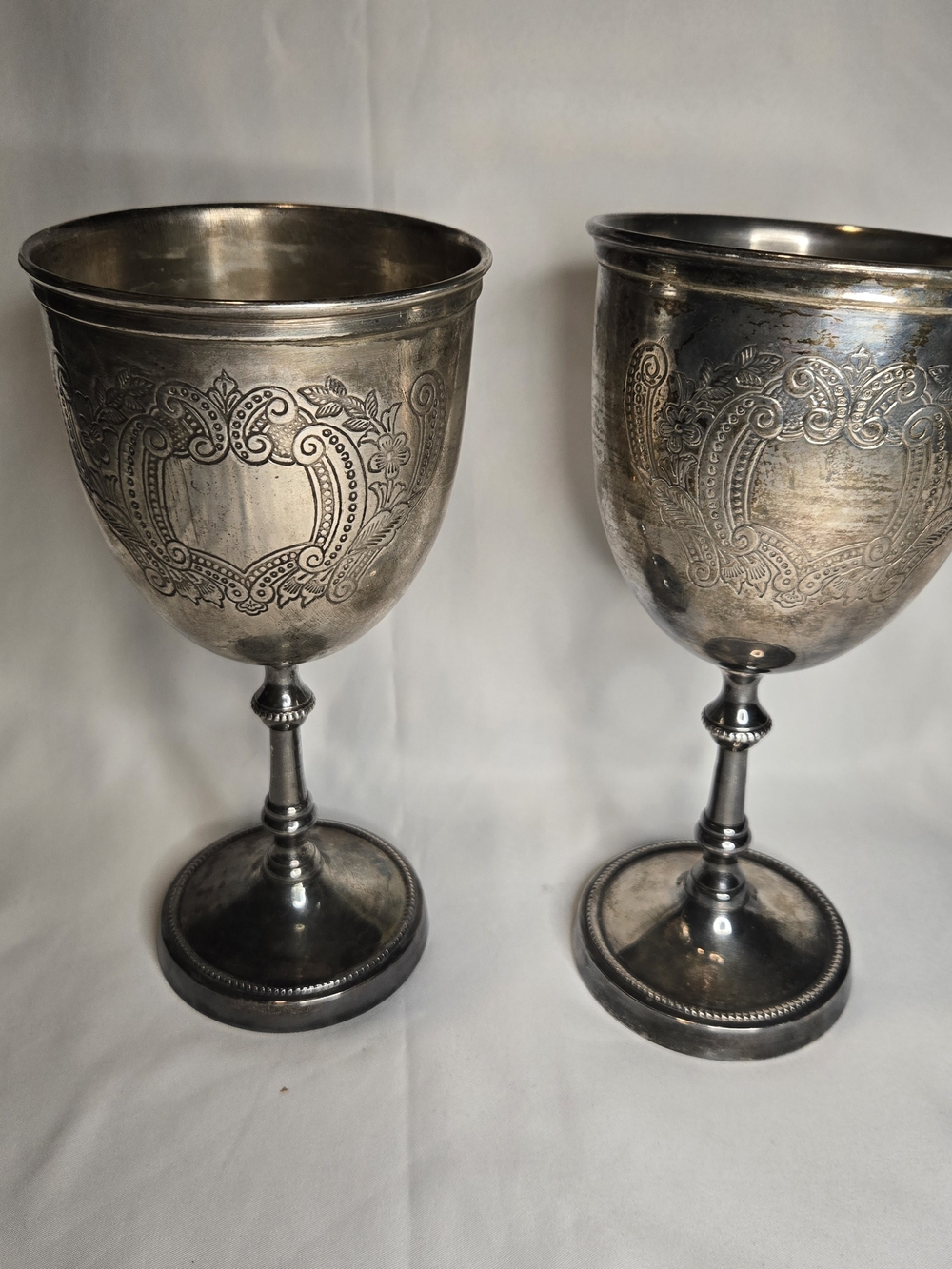 Ornate Silver-Tone Goblet Set Two (2) Vintage Engraved Silver Goblets 9"